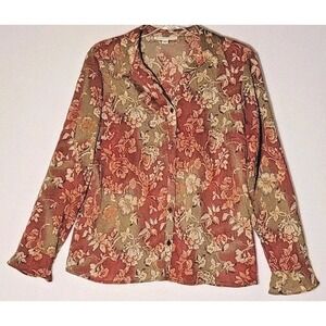 JM Collection Floral Button Up‎ Blouse 12P Ruffle Sleeve Earthy Cottagecore
